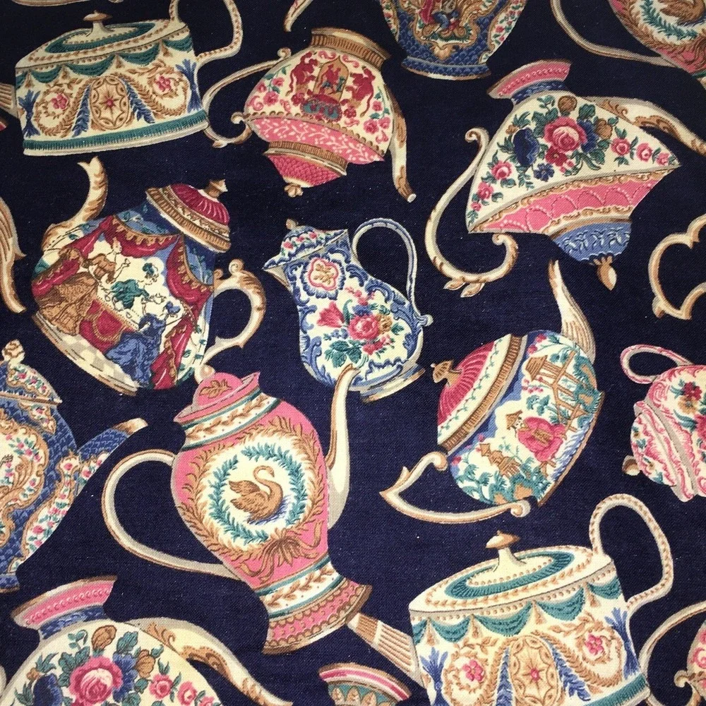 Fabric Kitchen Placemat of Vintage Teapots  Navy w Cream Lace Trim